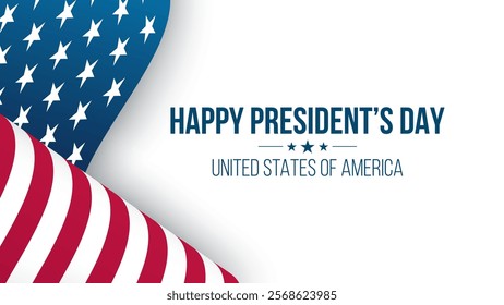 President's Day festive banner with waving American flag. United States Presidents Day holiday background. Vector illustration.