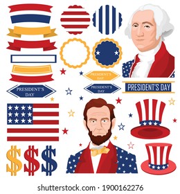 Presidents Day George Washington and  USA Flag Badges Banners Text Frame Elements Set