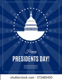 Presidents Day Greeting Banner With Washington DC White House And Capitol Building Around Stars Isolated On Dark Rays Background. USA Landmark. Vector Illustration