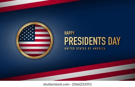 Presidents Day Greeting Card with Golden American Flag Badge. Vector Illustration.