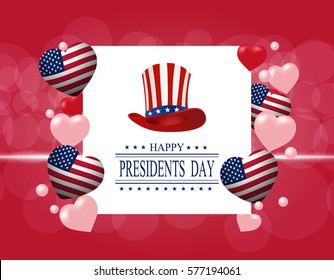 Presidents' Day. Greeting card. The inscription with the wishes of happiness. Stylized hat and hearts in the colors of the flag. vector illustration