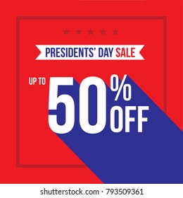 Presidents' Day Holiday Up To 50% Off Sale Advertisement Square Template Vector Illustration Over Red Background with Stars