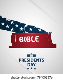 Presidents day illustration. President swears by the Bible. Silhouette of Hand on the Bible.  Poster with American flag as background.  Vector illustration.