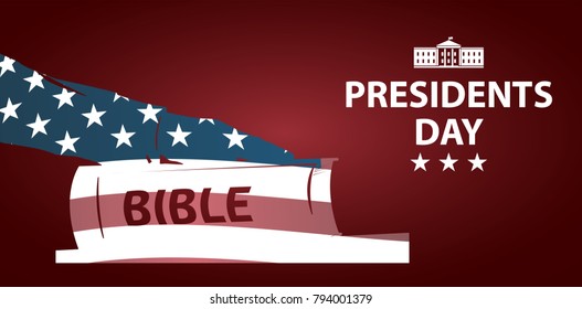 Presidents day illustration. President swears by the Bible. Silhouette of Hand on the Bible.  Banner with American flag as background.