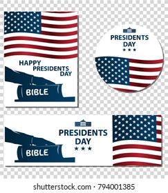 Presidents day illustration. President swears by the Bible. Silhouette of Hand on the Bible.  Banners set with American flag. Transparent background.