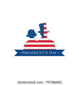 President's Day illustration, vector flat silhouette, logo for design, label, flag, star, red, blue, white, text on tape