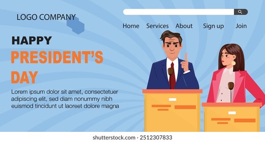 Presidents Day landing page with male and female candidates speaking in microphones, index finger raised