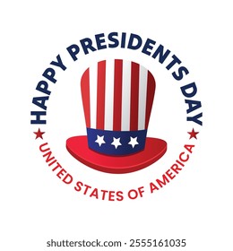 Presidents Day logo, badge, sticker, label, tags vector illustration. American presidents hat with US flag. Uncle Sams Hat vector illustration. United states of America. Patriotism banner, template