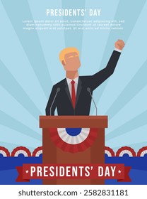 Presidents' Day with a man raising his hand and giving speech. Presidents' Day poster template background