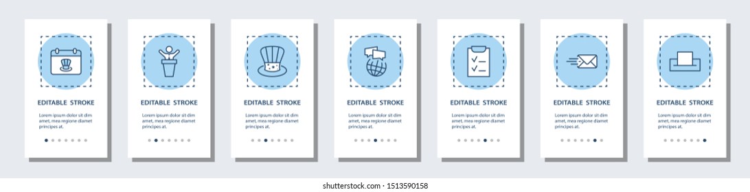 Presidents Day Onboarding Mobile app Page Screen with Linear Concepts. Hat, Voting, USA, Flag, Elections, Box and more. Steps Graphic Instructions. UX, UI, GUI Vector Template with illustrations