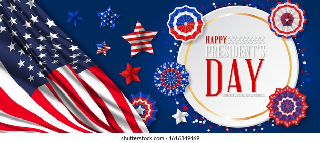 Presidents' Day. Presidents Day poster. Happy Presidents Day Background and symbols with USA flag. Vector illustration - Presidents' Day in the United States.