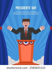 Presidents' Day poster template with a man with suit giving speech