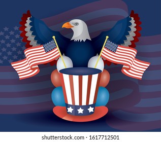 presidents day poster with usa tophat and eagle vector illustration design