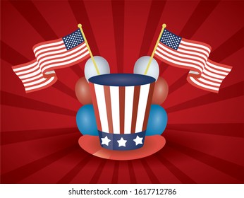 presidents day poster with usa tophat and flags vector illustration design