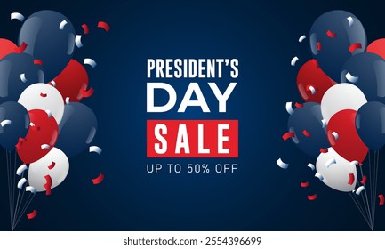 Presidents Day Sale Up To 50 Percent Background Design Illustration With Balloons red white blue