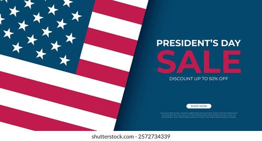 President's Day Sale. American flag. United States Presidents Day commercial banner for holiday sales promotion. Vector illustration.