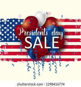 Presidents Day Sale background with frame, american flag, serpentine, ballon and hand made lettering. Up to 50%. Banner, flyer, brochure. Advertising
