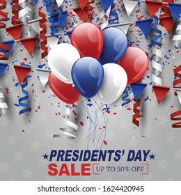 Presidents day sale background with red, white, and blue balloons, bunting flags and confetti. Vector illustration.