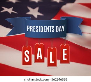 Presidents Day sale  background template. Badge with blue ribbon and price tags, on top of American flag. Vector illustration.