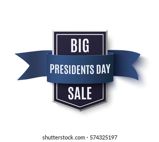 Presidents Day sale background template. Badge with blue ribbon isolated on white. Vector illustration.