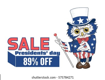 Presidents day sale banner advertisement, owl mascot painted in USA colors, wearing Uncle Sam's costume, striped top hat, blue jacket, red bow tie, pointing at SALE text, ad, flyer or card template