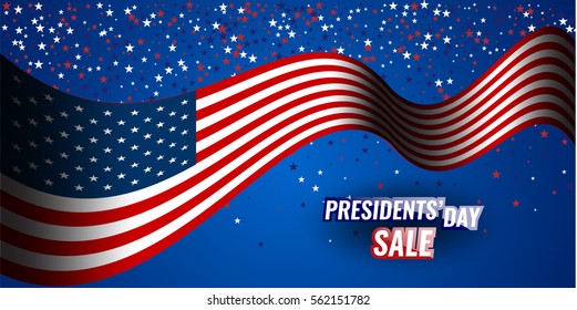Presidents' Day Sale banner with american flag and stars background. Stock vector.