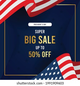 Presidents day sale banner background vector illustration with flag and gold typography