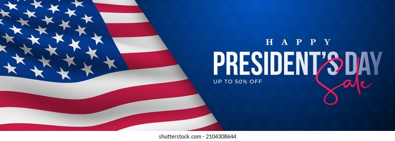 Presidents' Day Sale banner on US flag background. Concept template for web sites, header. Stock vector illustration.