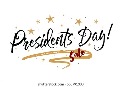 Presidents day sale. Beautiful greeting card calligraphy black text word gold fireworks. Hand drawn invitation T-shirt print design. Handwritten modern brush lettering white background isolated vector