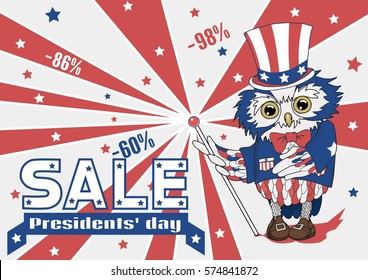 President's day SALE flyer, card, banner or poster template, owl wearing a holiday costume painted in national american colors, background with stars and red ray stripes, text on a ribbon, marketing