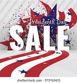 Presidents Day Sale. Letters with reflection, stars and flag on the striped background. Stock vector.