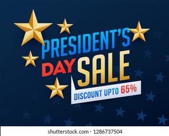 President's Day sale poster or banner design with 65% discount offer and decorative golden stars.