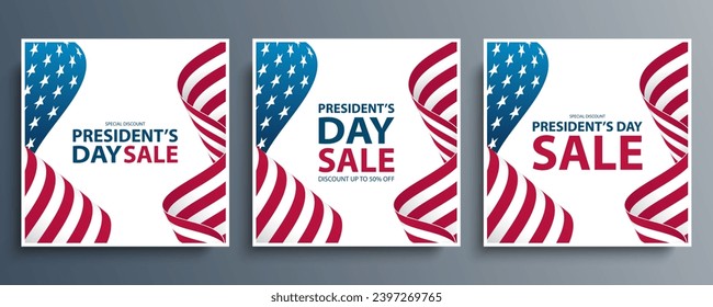 President's Day Sale. United States President Day commercial set with waving American flag. USA national holiday sales promotion. Vector illustration.
