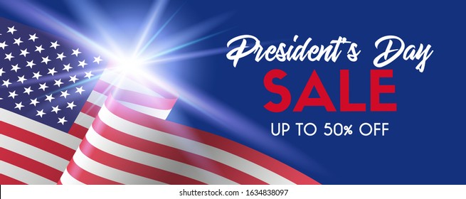 Presidents Day sale. Vector long banner for social media. Discount template with american flag