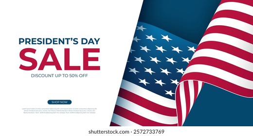 President's Day Sale. Waving American flag. United States Presidents Day commercial banner for holiday sales promotion. Vector illustration.