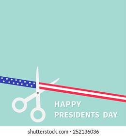 Presidents Day Scissors cut american flag ribbon with stars and strips Blue background Flat design style. Vector illustration