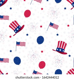 President's Day seamless pattern on white background. With hat of Uncle Sam, balloons and stars. Suitable for coloring book, wallpaper, invitation, pattern fills, wrapping paper, textile print