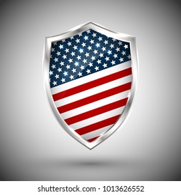 President's day shield banner with stars and stripes presentation. Independence Day shield icon with USA flag. Protect privacy badge. United States of American President holiday. Veterans Day shield.