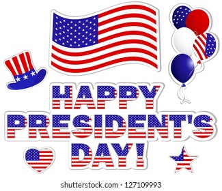 President's Day stickers with a beautiful text, hat, flag and balloons. Vector illustration.