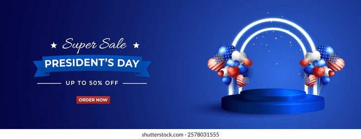 Presidents Day Super Sale Background Design with podium, balloon, cloud suitable for Banner, Poster, Greeting Card.