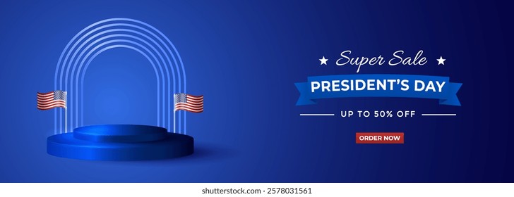 Presidents Day Super Sale Background Design with podium, balloon, cloud suitable for Banner, Poster, Greeting Card.