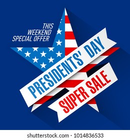 Plantilla de diseño de banner para Super Sale del Día de los Presidentes, venta de fin de semana grande, oferta especial, ilustración vectorial