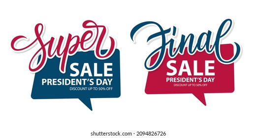 Super Venta del Día del Presidente y plantillas de etiquetas promocionales de la venta final del Día del Presidente con letras a mano para negocios, compras de vacaciones, promoción y publicidad. Ilustración vectorial.