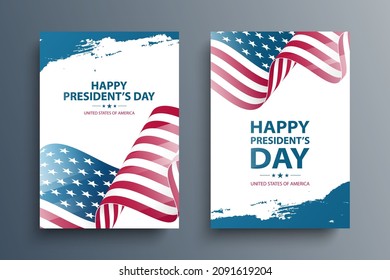 Día de los presidentes. El Día del Presidente Feliz de Estados Unidos celebra afiches envueltos con la bandera nacional estadounidense y golpes de pincel azul. Tarjetas de vacaciones nacionales de EE. UU. Ilustración vectorial.