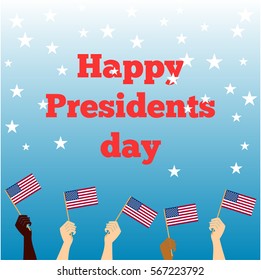 President's day; US celebratory banner, hands holding American flags on a blue background.
