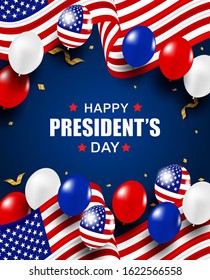 Presidents Day USA. Background. Design with balloons,  USA flag and gold foil confetti. Vector.
