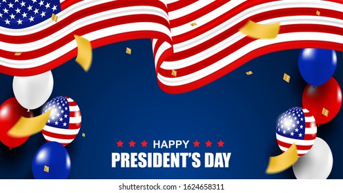 Presidents Day USA. Background. Design with balloons,  USA flag and gold foil confetti. Vector.
