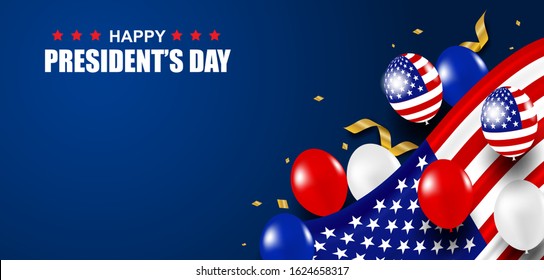 Presidents Day USA. Background. Design with balloons,  USA flag and gold foil confetti. Vector.
