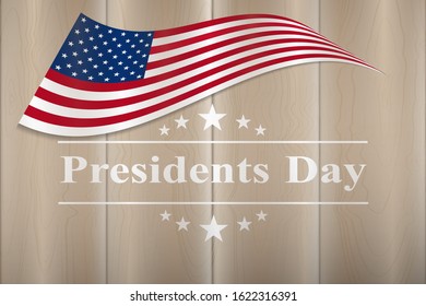 Presidents Day in the USA. Can be used as a banner or poster. Vector illustration of the flag of America on a wooden background.
