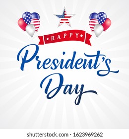 Presidents Day USA lettering poster with light stripes and balloons. Happy President`s Day text for greeting card or web banner template. Vector illustration